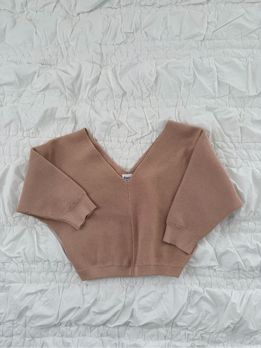 Princess Polly V-Neck Ribbed Cropped Sweater Tan Beige S/M